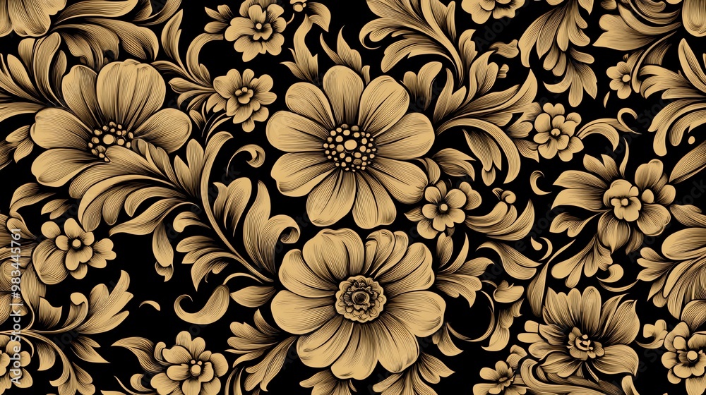 Elegant floral pattern in gold on a black background. Elegant floral pattern in gold on a black background.