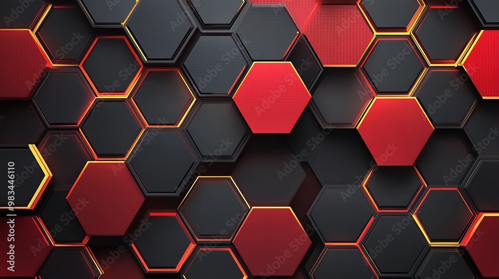 A modern abstract design featuring hexagonal shapes in black, red, and orange tones. A modern abstract design featuring hexagonal shapes in black, red, and orange tones.