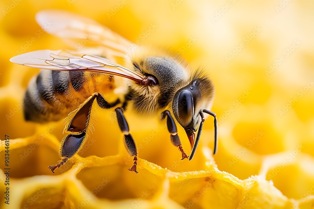 Closeup of a Honeybee on a Honeycomb Closeup of a Honeybee on a Honeycomb