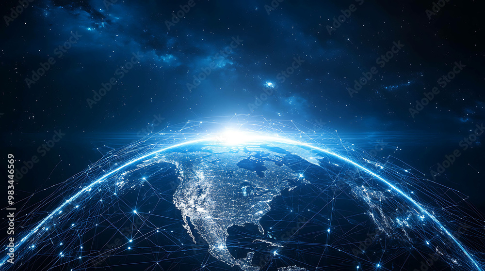 Obraz premium A digital rendering of Earth with glowing lines connecting continents, symbolizing global connection.