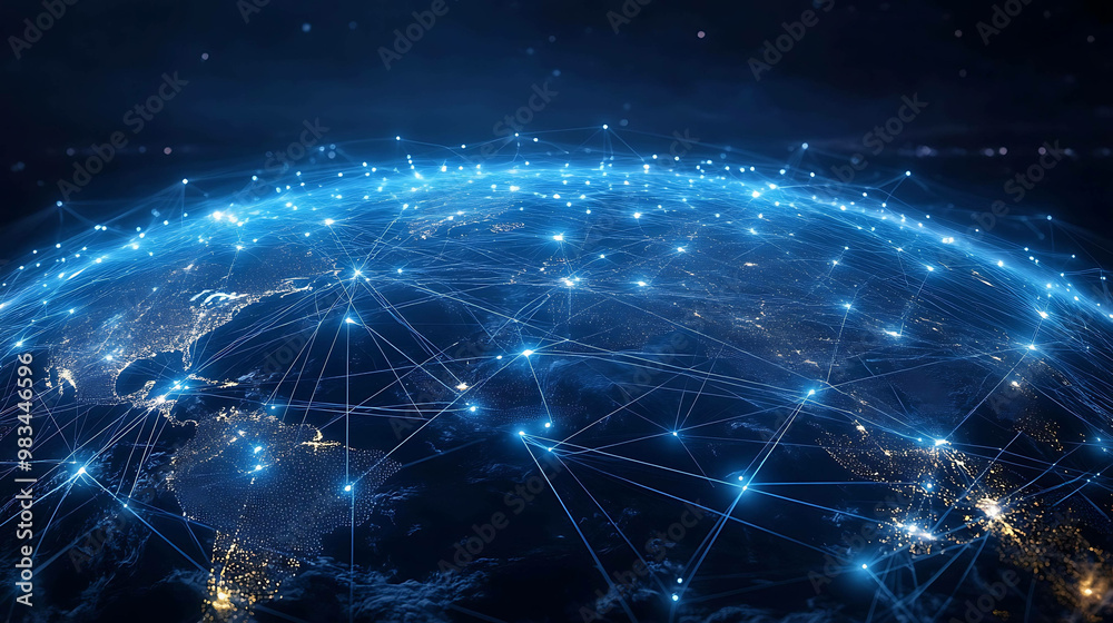 A digital rendering of the Earth with glowing lines connecting cities around the globe. A digital rendering of the Earth with glowing lines connecting cities around the globe.
