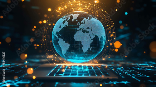 A glowing blue and black 3d earth globe with a gold ring around it hovering above a laptop keyboard.