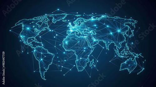 Abstract world map made of connected lines and dots on a dark blue background.