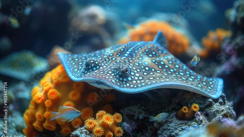 Blue-spotted stingray (Taeniura lymma) gliding over the sandy seafloor in the Red Sea, Egypt. Perfect for marine life, underwater photography, ocean wildlife, and tropical sea-themed visuals photo