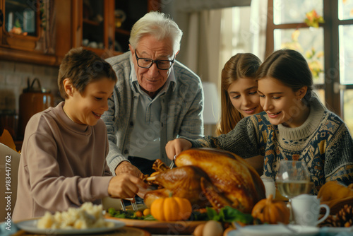 Carving the Turkey at Thanksgiving Family Gathering for Traditional Holiday Feast Around Table and Sharing Their Thanks Before the Meal