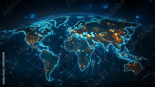 A digital rendering of the world with city lights and glowing lines, representing connectivity.