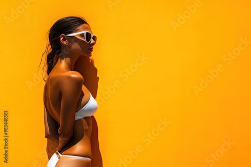 Mujer en bikini elegante sobre fondo naranja, espacio para texto
 photo