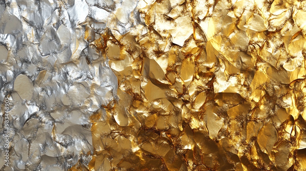 Close-up of a textured metallic surface with gold and silver. Close-up of a textured metallic surface with gold and silver.
