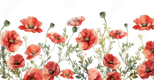 Fototapeta Naklejka Na Ścianę i Meble -  PNG Vibrant watercolor poppy field illustration