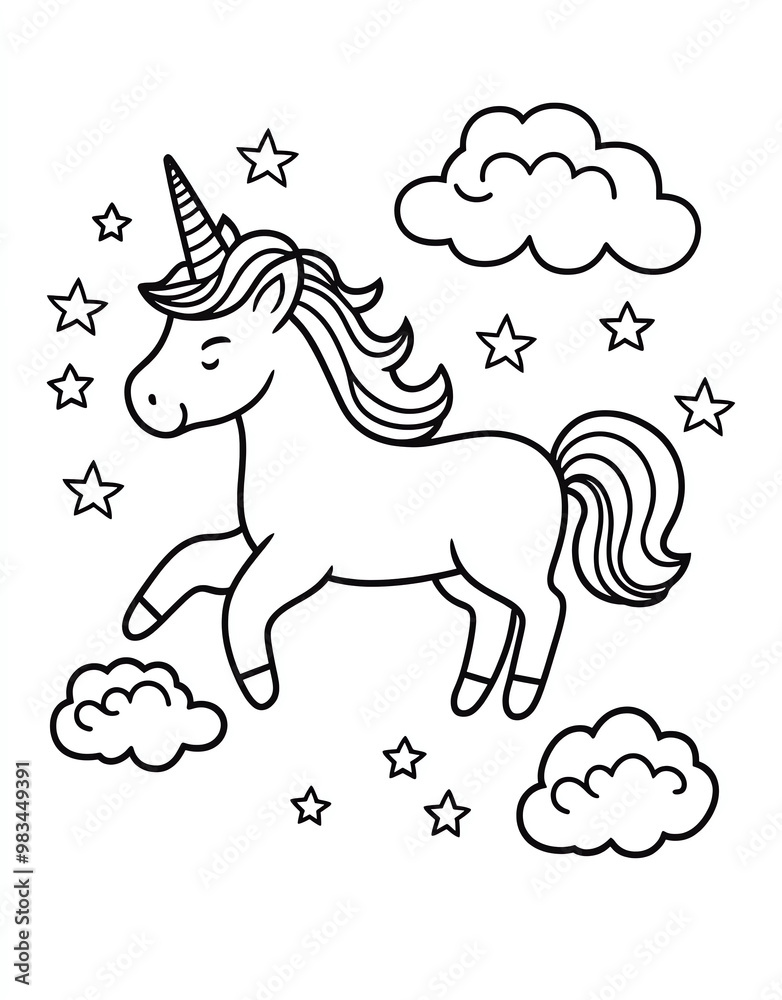 Fototapeta premium A simple coloring book page for children, featuring a cute little unicorn with clouds and stars in the background.