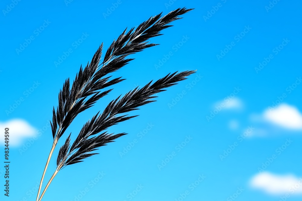 Black and fresh silkweed branch, gently swaying in the wind against a backdrop of blue sky Black and fresh silkweed branch, gently swaying in the wind against a backdrop of blue sky