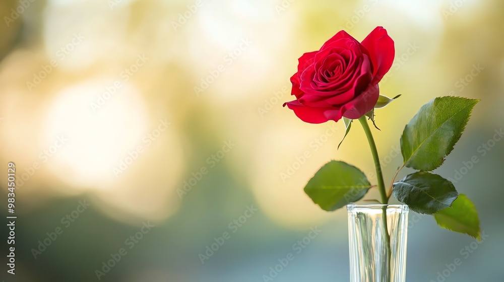 Obraz premium Single red rose in a glass vase against a blurry background.