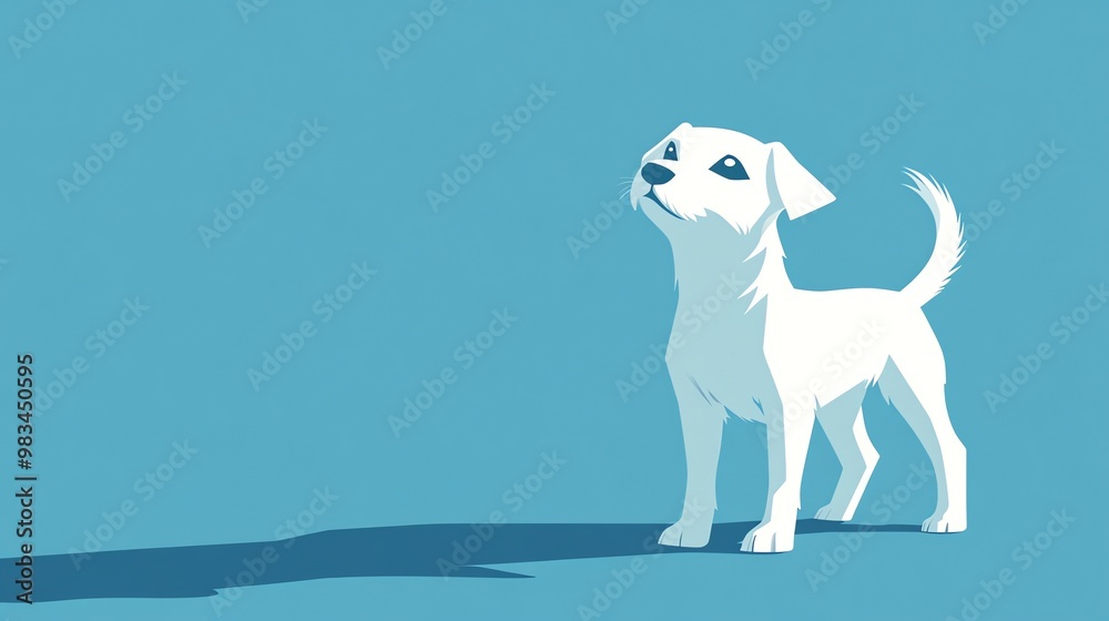 A simple, minimalist illustration of a white dog looking up with a blue background. A simple, minimalist illustration of a white dog looking up with a blue background.