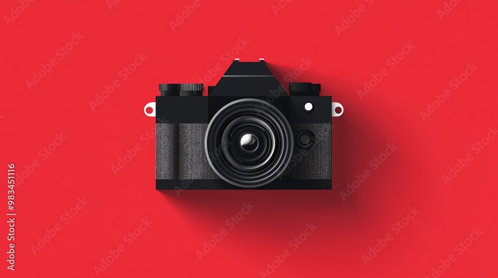 Fototapeta premium A black camera against a red background with a shadow below it.
