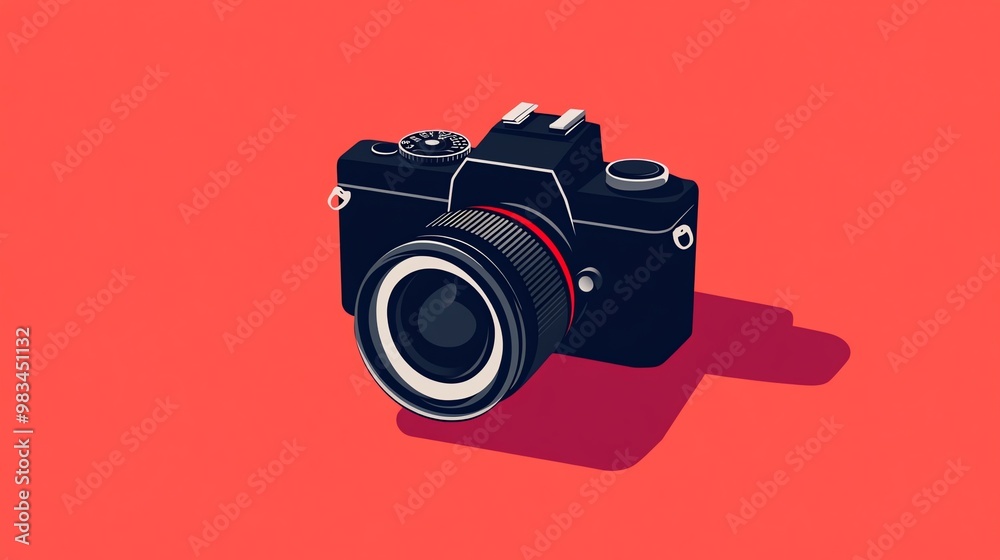 A classic, black DSLR camera sits on a red background. A classic, black DSLR camera sits on a red background.