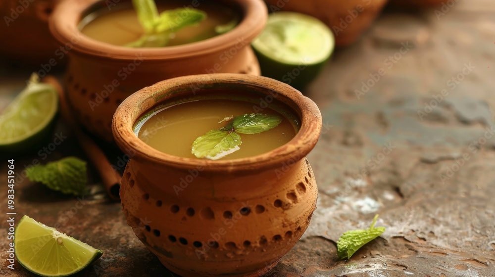 Handcrafted Clay Cups with Lime Garnish on Rustic Table Handcrafted Clay Cups with Lime Garnish on Rustic Table