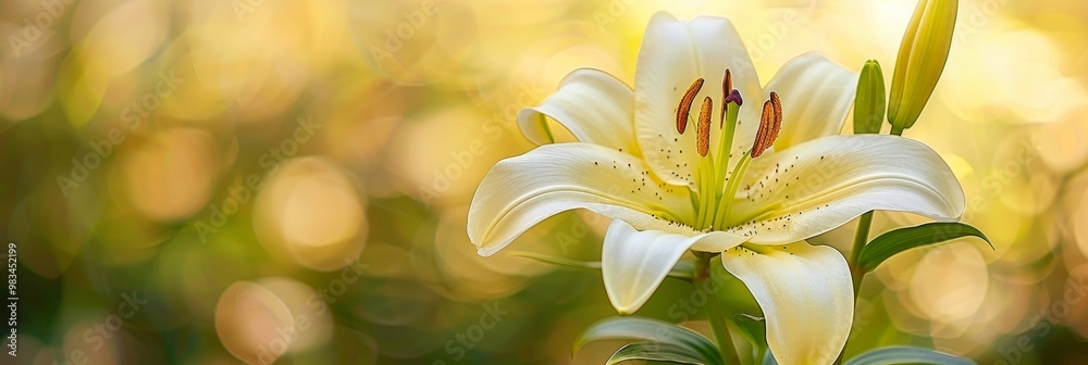 Elegant White Lily Flower in Bloom, Soft Sunlight Background ,Floral Decoration, Nature Beauty Elegant White Lily Flower in Bloom, Soft Sunlight Background ,Floral Decoration, Nature Beauty