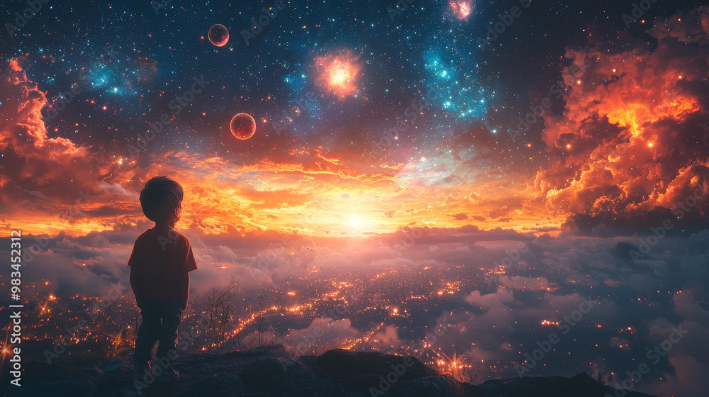 Obraz premium A young boy gazes up at the starry sky, lost in wonder.