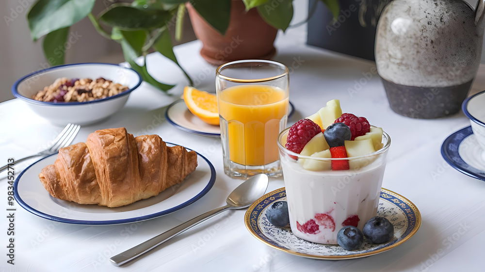 Cozy breakfast setting with yogurt parfait and croissant against white tablecloth and plants Cozy breakfast setting with yogurt parfait and croissant against white tablecloth and plants