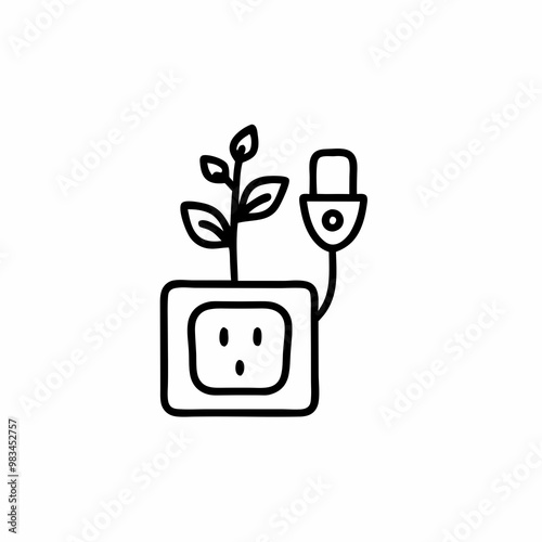 Line drawing of an electrical outlet with a plant and a plug symbolizing energy conservation and sustainability
