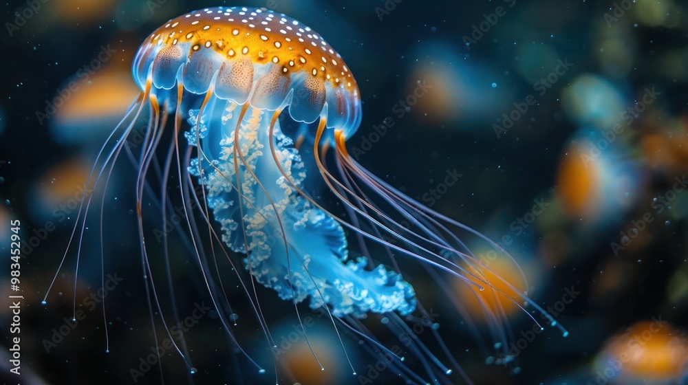 Jellyfish gracefully swimming in blue water with a trendy turquoise color palette. Perfect for ocean life, underwater scenes, marine wildlife, and abstract aquatic-themed visuals Jellyfish gracefully swimming in blue water with a trendy turquoise color palette. Perfect for ocean life, underwater scenes, marine wildlife, and abstract aquatic-themed visuals