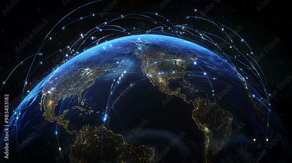 Obraz premium A digital rendering of the earth with glowing blue lines connecting cities around the globe.