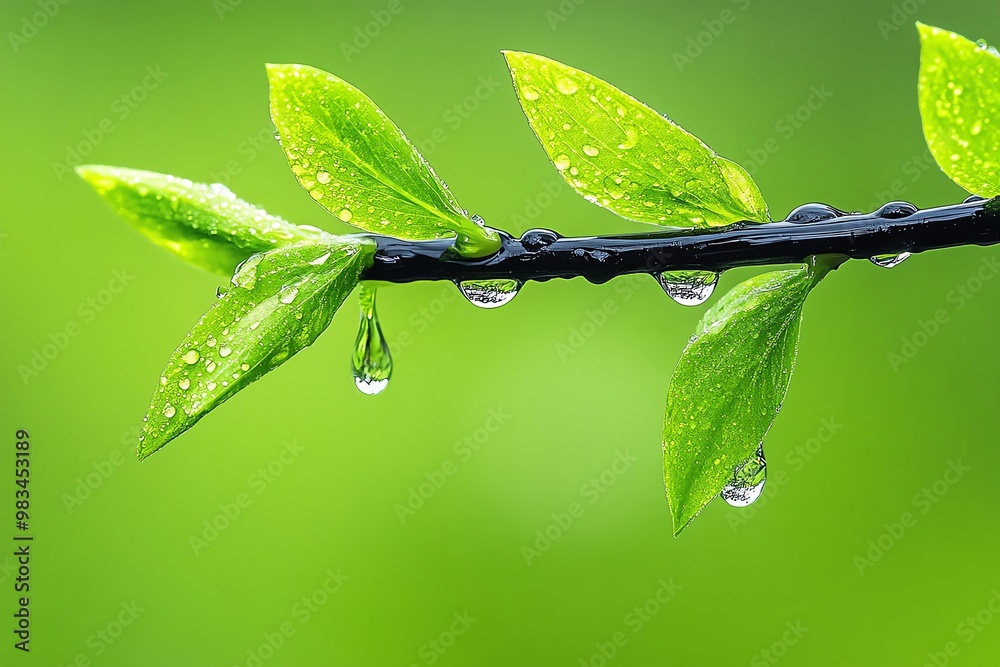 Fototapeta premium Fresh silkweed branch with a sleek black stem, dripping with morning dew