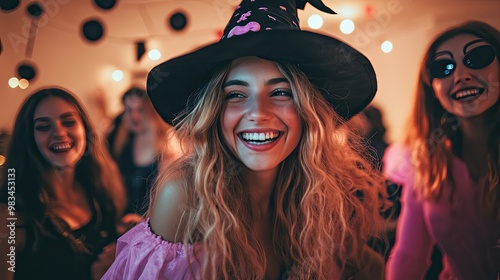 Grupo de amigos celebrando una fiesta de Halloween en casa, bailando, mujer con sombrero de bruja, disfraz rosa

 photo