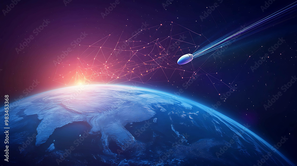 Fototapeta premium A satellite orbits Earth, connecting to a network of glowing lines in space.