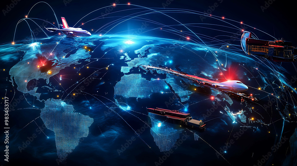 A digital world map with airplanes, cargo ships, and glowing lines connecting cities.
