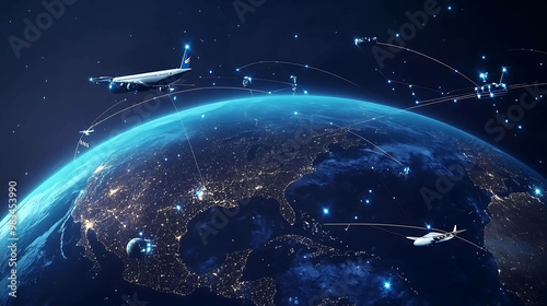 A globe with airplanes flying around it, symbolizing global travel and interconnectedness.