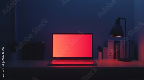 A laptop with a red screen sits on a desk at night, lit by a desk lamp. photo