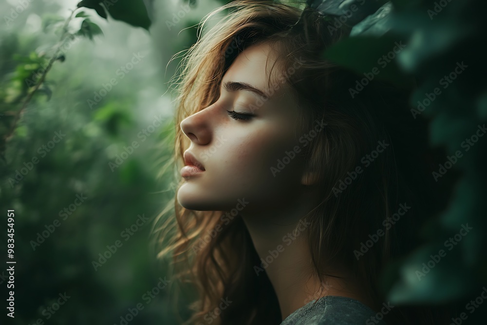 Woman with closed eyes surrounded by lush green foliage. Concept of peace, serenity, and nature. Woman with closed eyes surrounded by lush green foliage. Concept of peace, serenity, and nature.