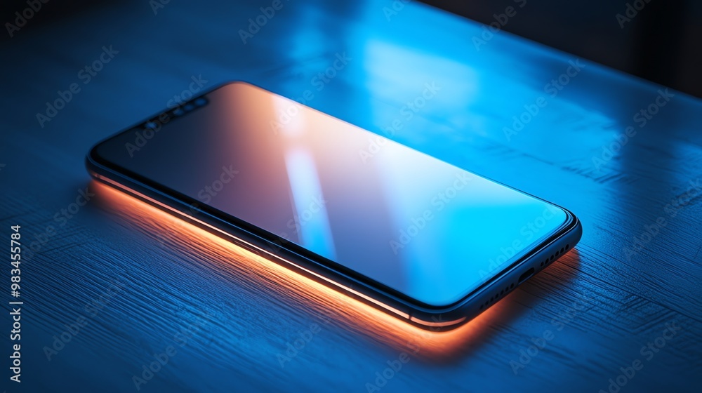 A smartphone with a glowing orange edge lies on a wooden surface in a blue and orange light. A smartphone with a glowing orange edge lies on a wooden surface in a blue and orange light.