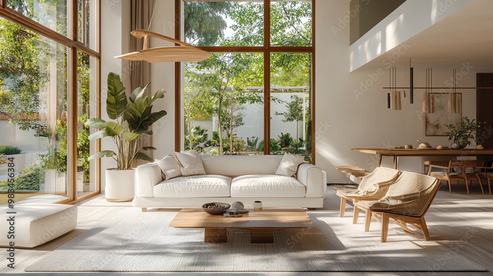 A minimalist living room with large windows and a view of a lush garden. A minimalist living room with large windows and a view of a lush garden.