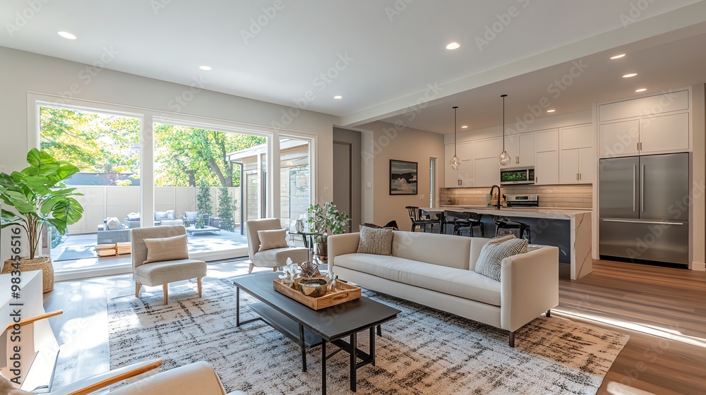 Fototapeta premium A modern living room with a white sofa, coffee table and two chairs.