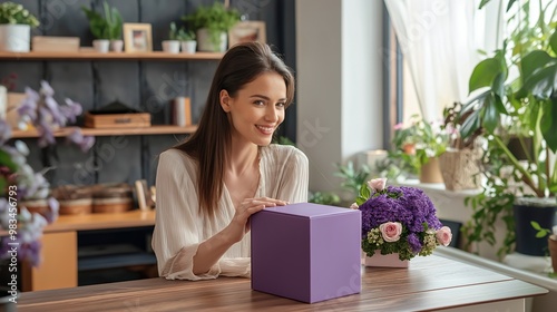 Smiling Woman with a Purple Gift Box and Floral Arrangement in a Cozy Home Setting