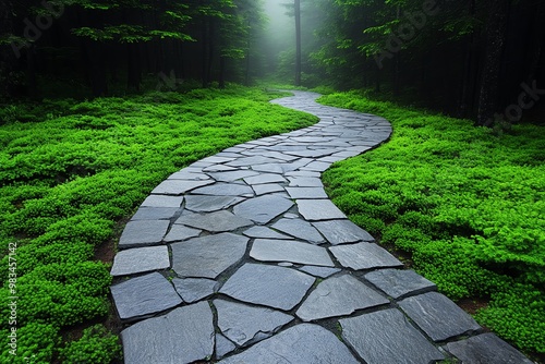 Grey stone pathway winding through a foggy forest