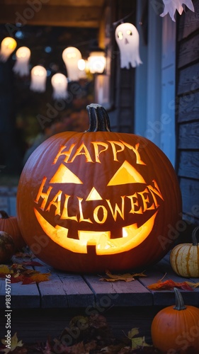 Happy Halloween: Glowing Jack-O-Lantern on Porch with Ghost Decorations and Festive Lighting