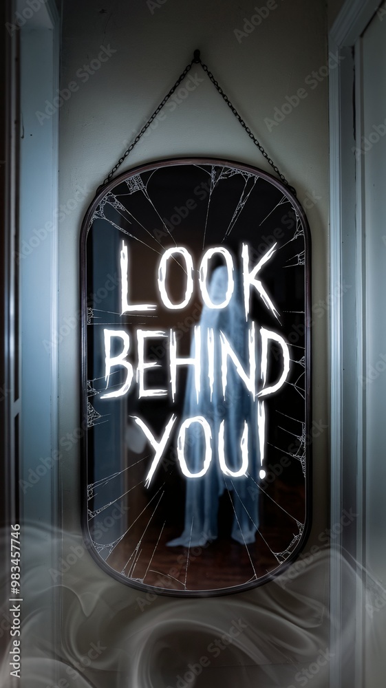 Look Behind You: Spooky Cracked Mirror with Eerie Message and Ghostly Fog Look Behind You: Spooky Cracked Mirror with Eerie Message and Ghostly Fog