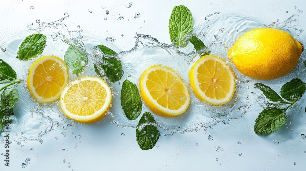 Lemon fruit slice, mint leaves and water splash on a white white background Lemon fruit slice, mint leaves and water splash on a white white background