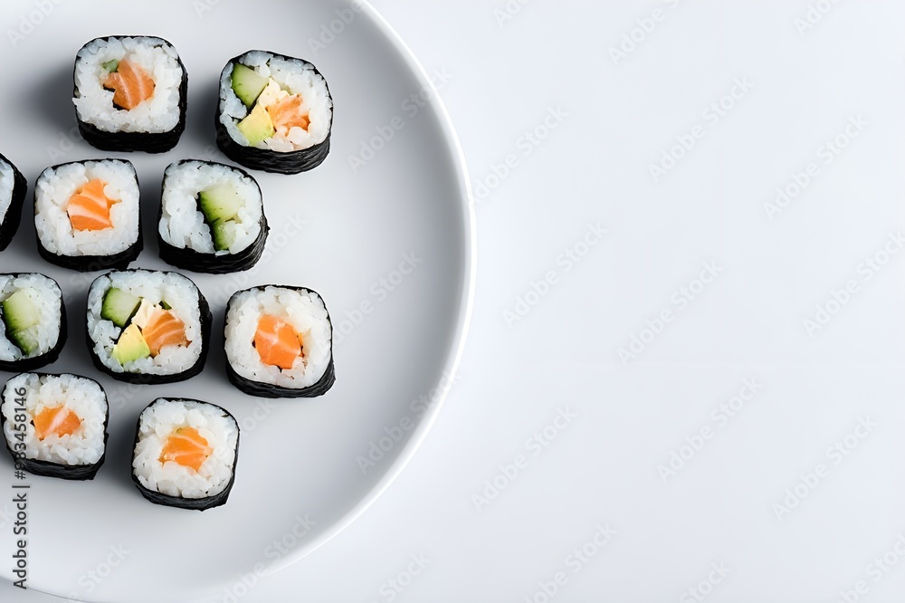A few neatly arranged sushi rolls on one side of a white plate, clean space
A few neatly arranged sushi rolls on one side of a white plate, clean space