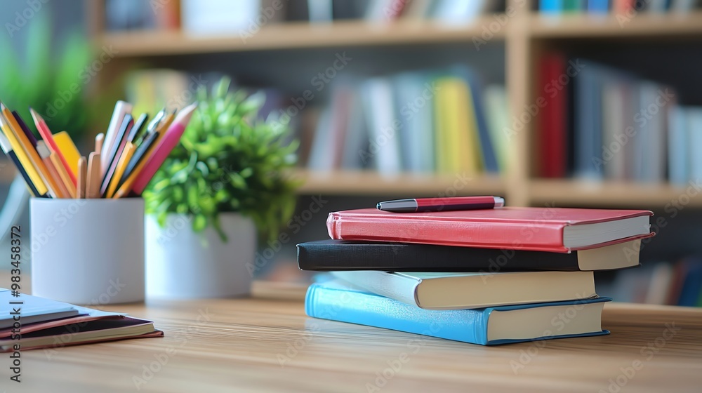 A stack of colorful books on a wooden desk in a home office. A stack of colorful books on a wooden desk in a home office.
