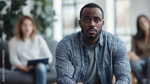 A focused man in a casual setting with blurred figures in the background, conveying contemplation.