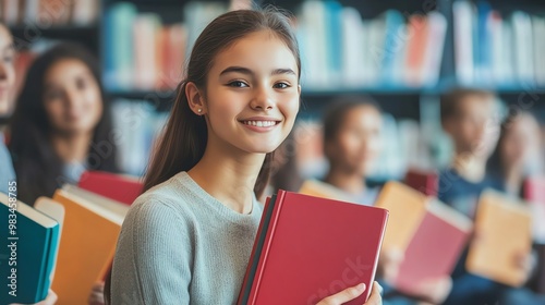 A young woman smiles as she holds a red book, surrounded by other students in a library.