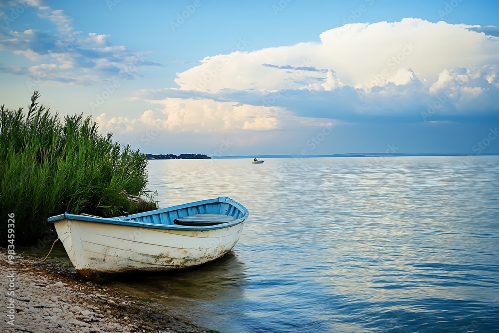 Small boat on the shore of a lake, serene landscape with blue sky and clouds Small boat on the shore of a lake, serene landscape with blue sky and clouds