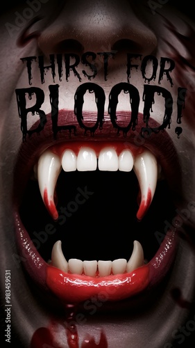 Thirst for Blood: Vampire Fangs Dripping with Blood in Dark Horror Scene photo