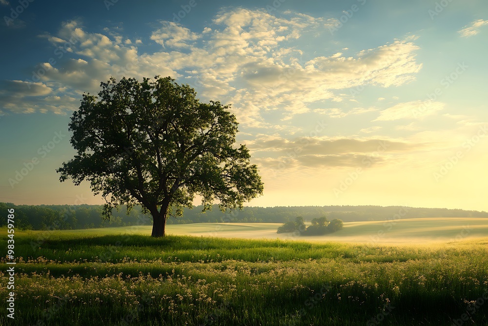 Lonely tree in a field at sunrise, peaceful nature scene Lonely tree in a field at sunrise, peaceful nature scene