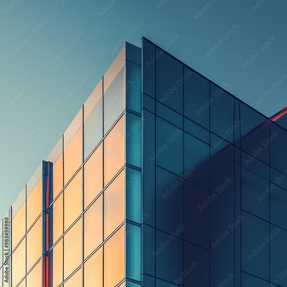 Modern Architectural Glass Facade with Sunset Reflection Modern Architectural Glass Facade with Sunset Reflection