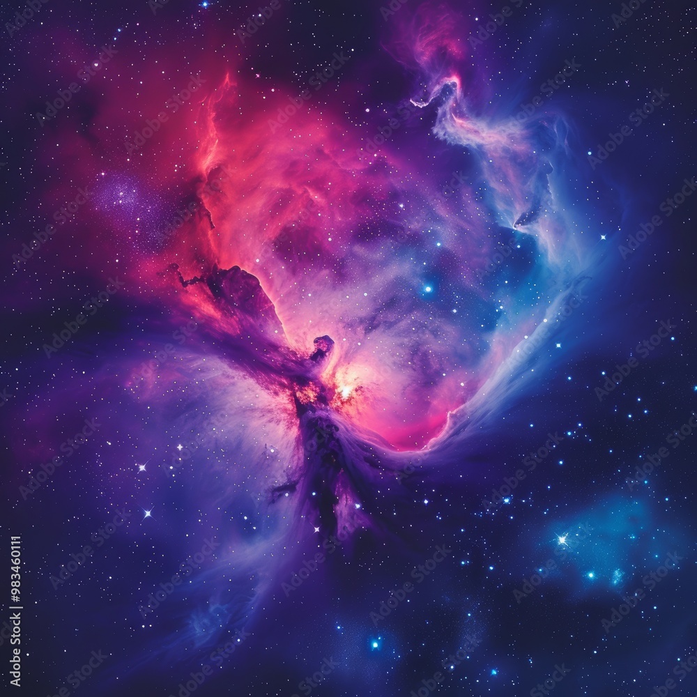 Naklejka premium Vivid Pink and Purple Nebula Clouds With Bright Glowing Center, Space Exploration Background